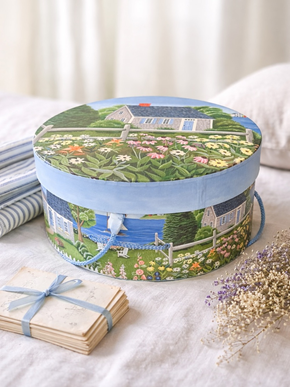 Claire Murray Coastal Design Hat Box Cottagecore Storage Blue Nantucket Style